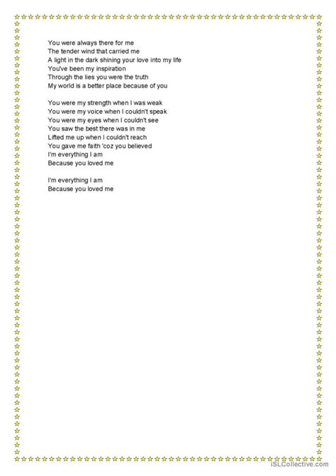 Because You Loved Me Celine Dion English Esl Worksheets Pdf Doc