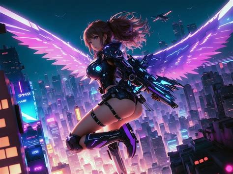 Premium AI Image | Anime girl with mechanical wings spreads them wide