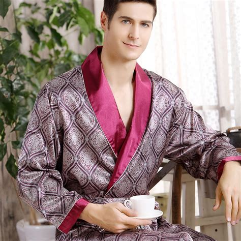 Men Silk Long Sleeved Bathrobe Plus Size 5xl Kimono Home Bath Gown Male Printed Geometric Robes