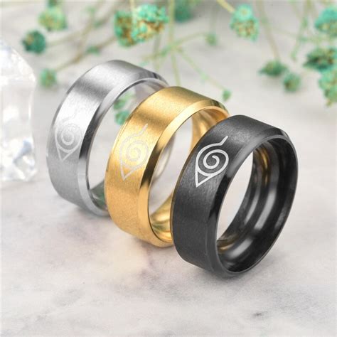 Anillo con símbolo Konoha de acero inoxidable Anime Moda