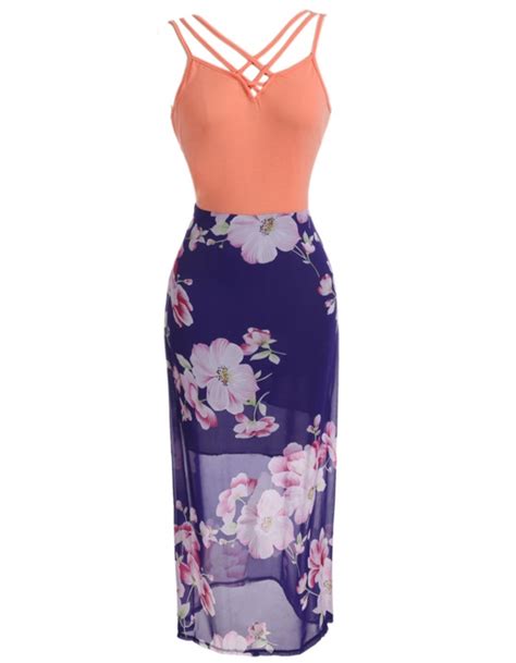 Long Strap Detailed V Neck Floral Print Maxi Dress On Luulla