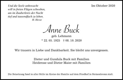 Traueranzeigen von Anne Ruck Kreiszeitung Böblinger Bote