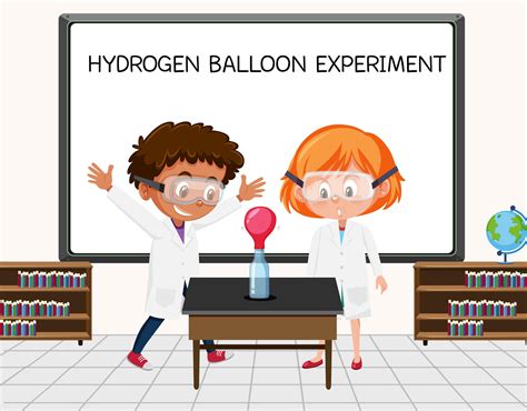 Young scientist doing hydrogen balloon experiment in front of a board ...