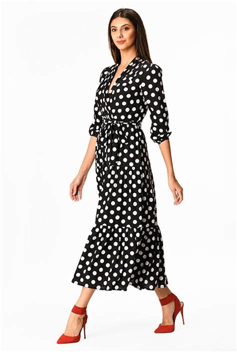 Shop Polka Dot Print Pleat Neck Crepe Dress Eshakti