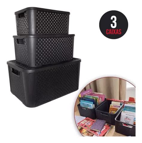 Kit Caixas Organizadoras Rattan Preta Pequena M Dia Grande Mercadolivre