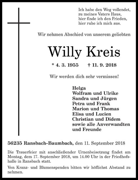 Traueranzeigen Von Willy Kreis Rz Trauer De