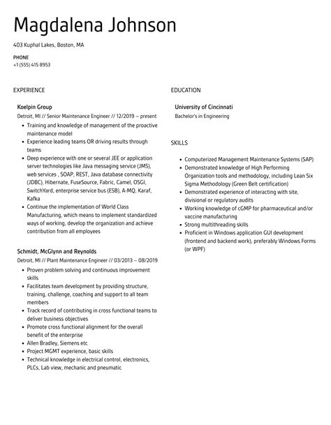 Maintenance Engineer Resume Sample