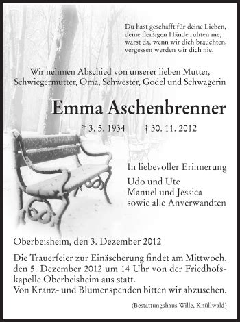 Traueranzeigen Von Emma Aschenbrenner Trauer Hna De