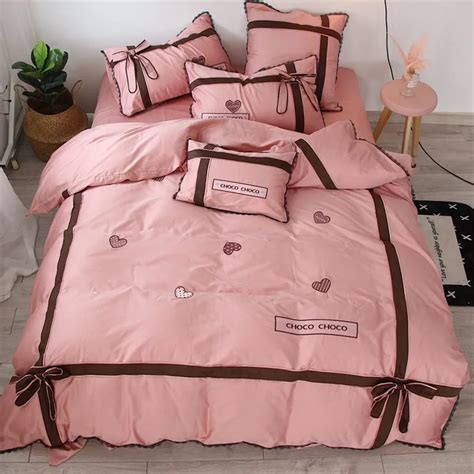 Korean Princess Style Pink Bowknot Black Lace 60s Cotton Bedding Set