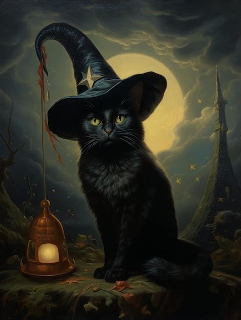 Premium Photo Painting Of A Black Cat Wearing A Witch Hat And Holding