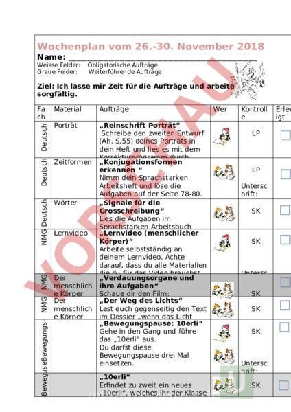 Arbeitsblatt Wochenplan Administration Methodik Unterrichtsplanung