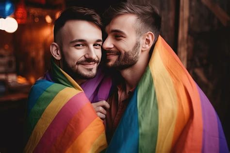 Una Pareja Gay Abrazándose Con La Bandera Del Arco Iris Foto Premium