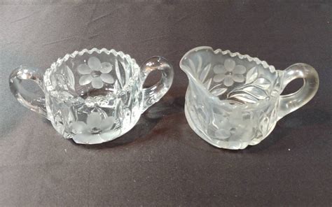 Vintage Sawtooth Edging Heavy Cut Glass Creamer And Sugar Dish Set With