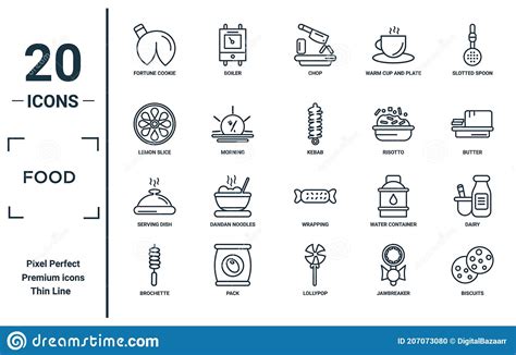 Food Linear Icon Set Includes Thin Line Fortune Cookie Lemon Slice