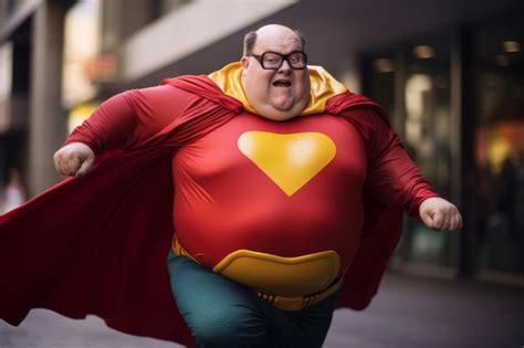 Premium Photo | Fat male superhero wearing costume at city street