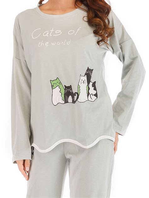 Women Pajamas Loungewear Cat Print Grey Lingerie Sleepwear