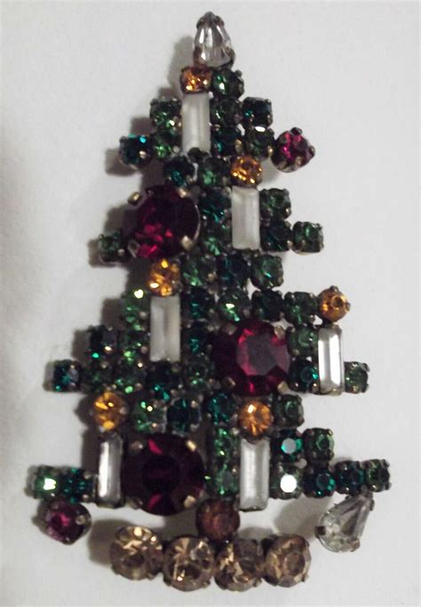 Vintage Signed Austria Christmas Tree Pin Brooch Rhin Gem