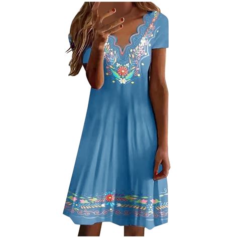 Womens Summer Dress 2024 Mexican Dress Casual V Neck Flower Print Short