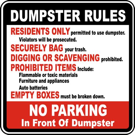 Dumpster Rules No Parking Sign Orders Over Ship Free