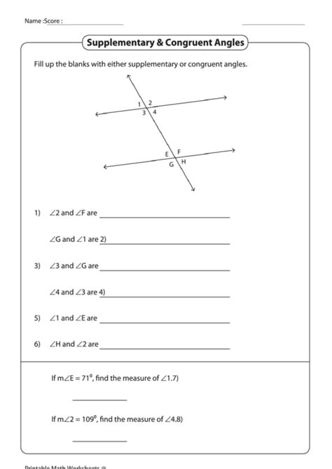 Supplementary & Congruent Angles Worksheet printable pdf download