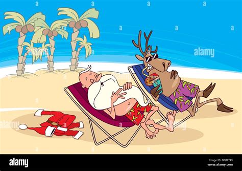 Cartoon Illustration Of Santa And Reindeer Having A Rest On The Beach