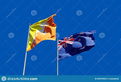 New Zealand And Bhutan Flags Crossed And Waving Flat Style Official