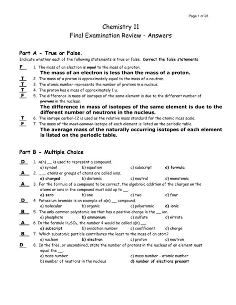 Chemistry 11 Final Examination Review