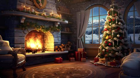 Ai Generated Living Room With A Fireplace And A Christmas Tree