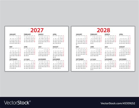 Calendar 2027 2028 Template Planner Royalty Free Vector