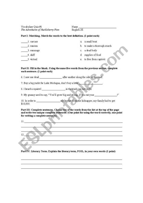 Huck Finn Worksheet