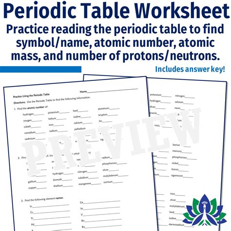 Free Printable Periodic Table Of Elements Science Worksheets