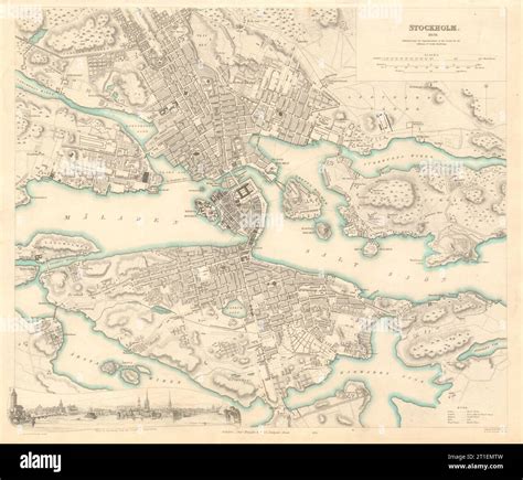 STOCKHOLM. Antique town city map plan. Inset panorama view. SDUK 1847 old Stock Photo - Alamy