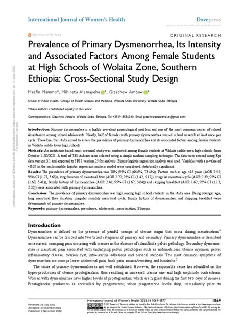 Prevalence Of Primary Dysmenorrhea Its Intensity A Pdf Menstruation