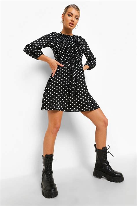 Womens Polka Dot 3 4 Sleeve Smock Dress Boohoo Uk In 2021 Smock