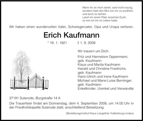 Traueranzeigen Von Erich Kaufmann Trauer Hna De