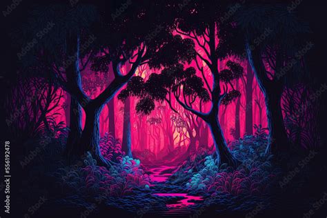 Fantasy neon forest jungle at dusk mysterious surreal woodland lovely ...