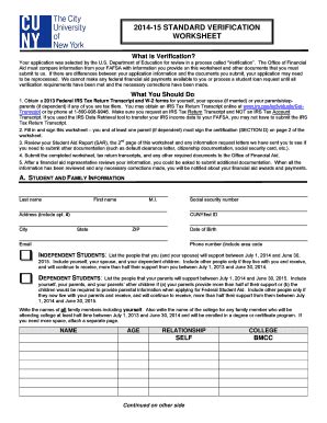 Fillable Online Cuny Standard Verification Worksheet Hunter