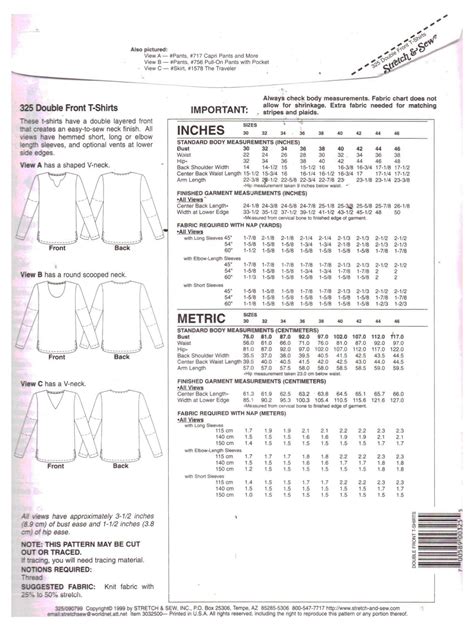 Stretch Sew 2 325 Double Front T Shirts Size 30 46 Uncut Sewing Pattern