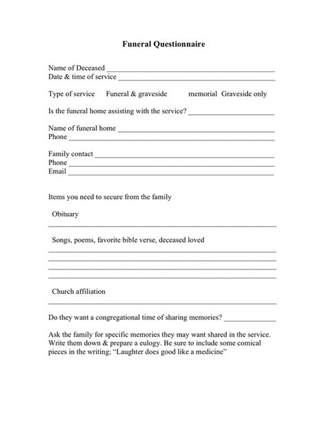 Funeral Questionnaire Template In Word And Pdf Formats