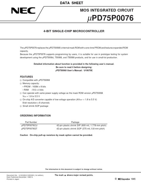 UPD75P0076 Datasheet 4 BIT SINGLE CHIP MICROCONTROLLER