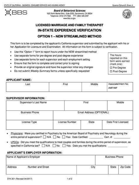 Fillable Online Bbs Ca Mft Experience Verification A A Mft