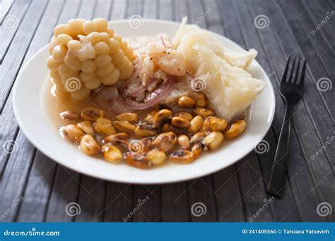 Peruvian Traditional Dish.fish Ceviche with Yuka and Corn Stock Photo ...