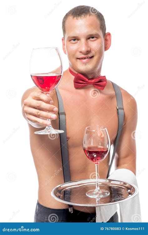 Bartender With A Naked Torso Gives A Glass Of Ine Stock Image Image