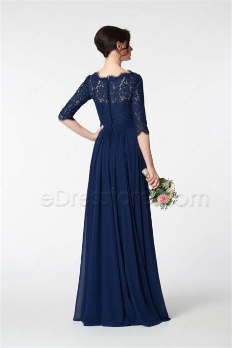 Navy Blue Lace Modest Bridesmaid Dress With Sleeves Edresstore