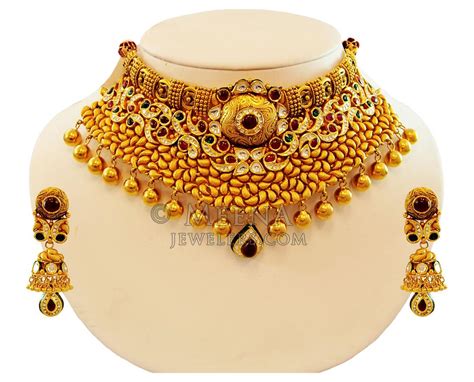 22k Gold Semi Antique Choker Set Stan17861 22k Gold Choker Style Necklace Earring Set Set