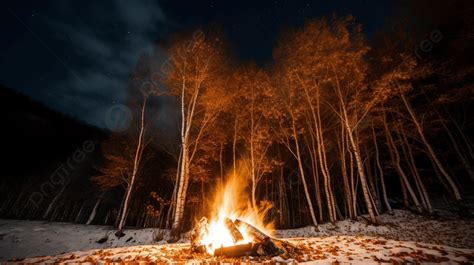 Campfire Lit In The Woods At Night Background Bonfire Lit By White