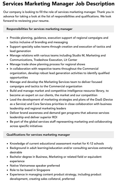 Services Marketing Manager Job Description Velvet Jobs