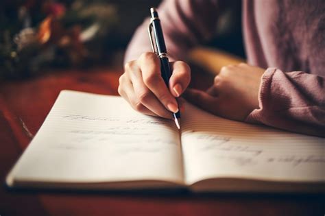 Una Persona Escribiendo En Un Cuaderno Con Un Bol Grafo Foto Premium