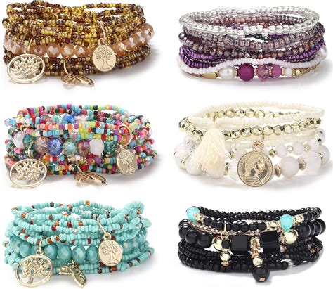 Cassieca 6 Sets Bohemian Stackable Bracelets For Women