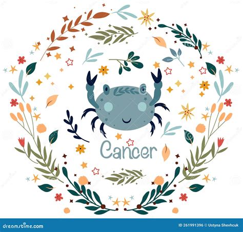 Cancer Cute Zodiac In A Colorful Wreath Of Leaves Flowers And Stars